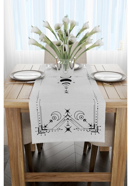 Gri Syah Etnik Bohem Desenli Dijital Baskılı Runner CGH940-RN