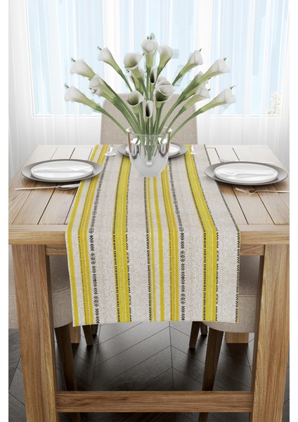 Sarı Krem Etnik Çizgili Desenli Desenli Dijital Baskılı Runner CGH942-RN