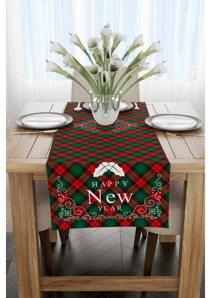 Kırmızı Yeşil Yılbaşı Temalı Ekose Desenli Dijital Baskılı Runner CGH910-RN