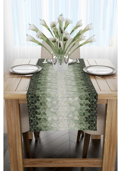 Yeşil Altın Mozaik Desenli Desenli Dijital Baskılı Runner CGH925-RN