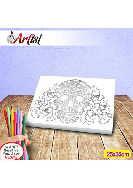Yetişkinler Için Kurukafa Skull Gül Çiçekler Daire Mandala Yatay Kullanım Tablosu + 12'li Kalem
