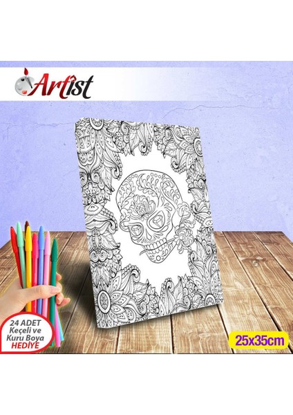 Yetişkinler Için Kurukafa Skull Gül Çiçekler Daire Mandala Dikey Kullanım Tablosu + 12'li Kalem