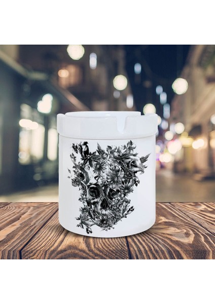 Siyah Beyaz Çiçekli Kurukafa Baskılı Küllük Kül Tablası -9995