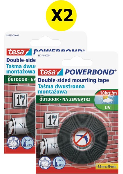 Powerbond Dış Mekan Çift Taraflı Montaj Bandı, 1.5MX19MM X2 Adet