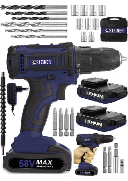 Germany Technology Cooper 58 V 5 Ah Darbeli Metal Şanzıman Şarjlı Çift Akülü Vidalama Matkap Lacivert + Set