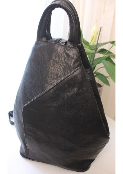 Hakiki Deri Kadın Sırt Omuz Çantası Vazo Klasik Siyah Krispy