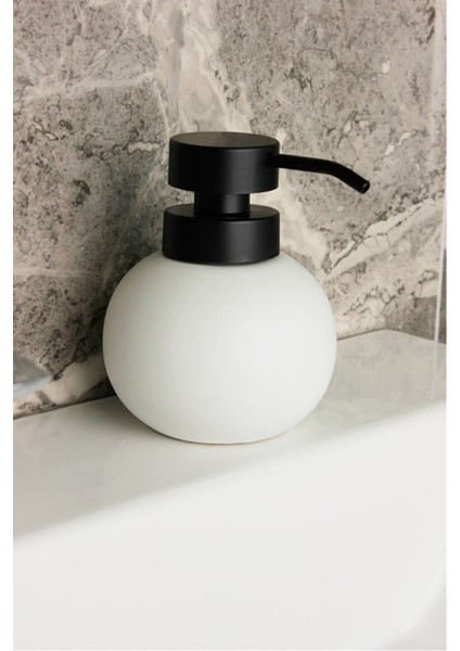 Lüks Beyaz Stoneware Tombul Sıvı Sabunluk, Siyah Başlıklı Deterjanlık