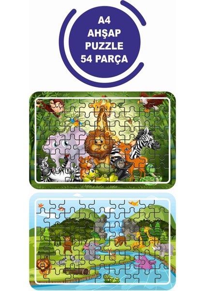 2'li Set 54 Parça Ahşap Puzzle Hayvanlar Alemi Çocuklar Için