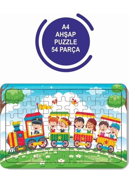 2'li Set 54 Parça Ahşap Puzzle Tren ve Sevimli Dinazor Uçakta Çocuklar Için
