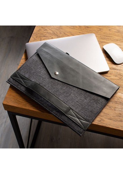 DK LEATHER Macbook Pro 15.6" ve 16" Kılıfı/ Bilgisayar, Notebook, Laptop ve Evrak Çantası Deri Gri - Siyah