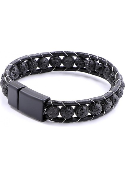 Lav Taşı Doğaltaş Erkek Deri Bileklik