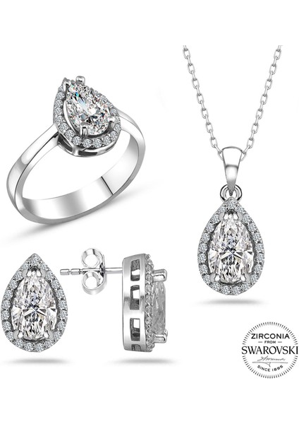 Swarovski Taşlı Damla Gümüş Kolye Küpe Yüzük Set Sertifika