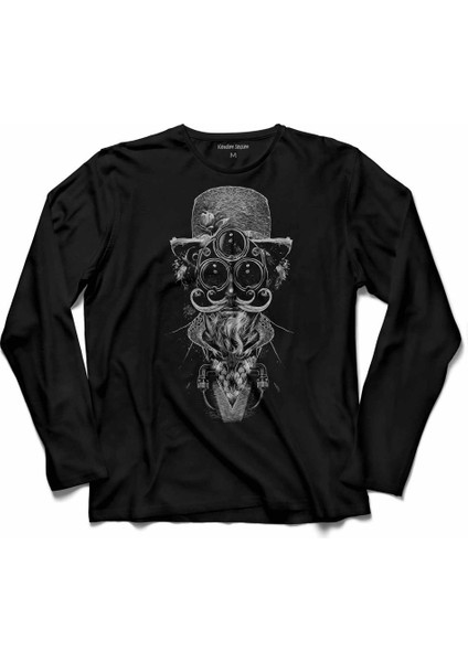 Creepy Fantasmagorık Skull Cat Uzun Kollu Tişört