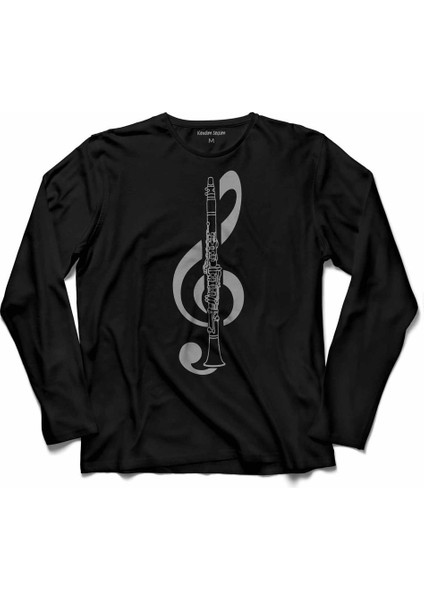 Klarnet Müzik Sol Anahtarı Musıc Logo Tasarım Uzun Kollu Tişört