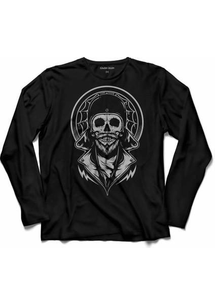 Creepy Skull Wearıng Helmet Kuru Kafa Cafe Racer Uzun Kollu Tişört
