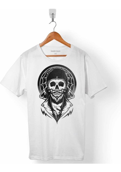 Creepy Skull Wearıng Helmet Kuru Kafa Cafe Racer Erkek Tişört