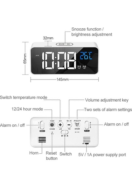 Başucu Çalar Saat Ses Kontrol Aynası LED Müzik Saati (Beyaz) (Yurt Dışından) fiyatları