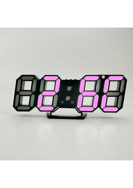 6609 3D Stereo LED Çalar Saat Oturma Odası 3D Duvar Saati, Renk: Siyah Çerçeve Pembe Işık (Yurt Dışından)