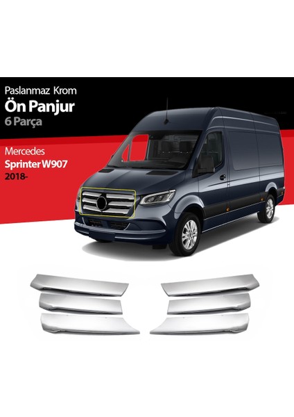 Mercedes Sprinter W907 2018- Üzeri Uyumlu Krom Ön Panjur Geniş Model 6 Parça Paslanmaz Çelik