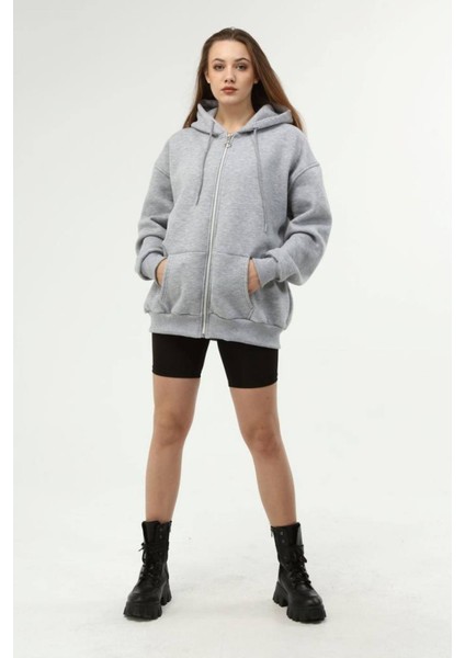 Gri Kapüşonlu Fermuarlı Oversize Şardonlu Örme Sweatshirt