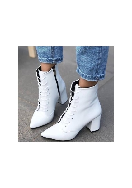 Afilli Kadın Beyaz Kalın Topuklu Yarım Postal Bot Sivri Burun Fermuarlı Bağcıklı Şık Bootie fiyatları