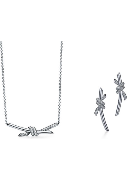 925 Ayar Gümüş Knot Beyaz Zirkon Taşlı Gümüş Kolye- Küpe Set