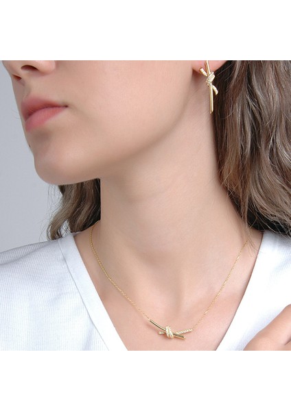 925 Ayar Gümüş Knot Beyaz Zirkon Taşlı Altın Kolye - Küpe Set fiyatları