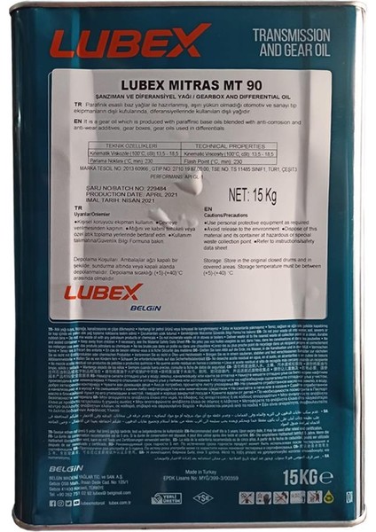 Mitras MT 90 15 Kg Şanzıman ve Asansör Dişli Yağı