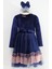Asortik Kız Çocuk Kadife Kumaş Tül Detaylı Diz Boyu Tokalı Elbise-ELB-0003 1
