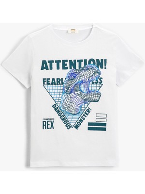 Koton Erkek Çocuk Dinozor Baskılı Kısa Kollu Tişört Pamuklu Bisiklet Yaka