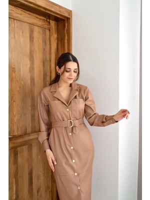 Elbee Fashion Woman Kemerli Deri Elbise - Vizon