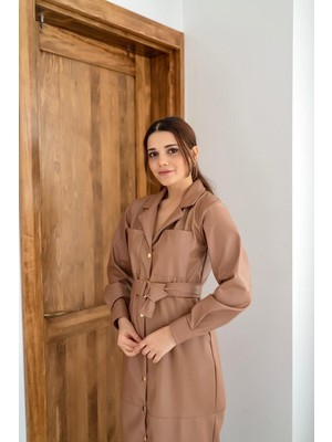 Elbee Fashion Woman Kemerli Deri Elbise - Vizon