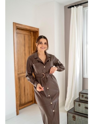 Elbee Fashion Woman Kemerli Deri Elbise - Kahverengi