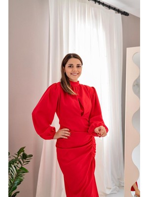 Elbee Fashion Woman Yırtmaçlı Class Elbise - Kırmızı