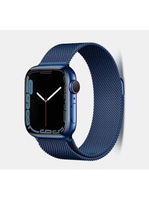 Nezih Case Apple Watch Seri 7/8/9 41MM Uyumlu Saks Blue Hasır Örgü Metal Kordon Saks Blue