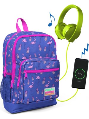 Coral High Kids Lavanta Flamingo Desenli USB Şarjlı Kulaklık Çıkışlı Okul Sırt Çantası 23276