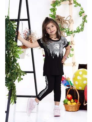 Feyzamavm Siyah Kız Çocuk Payetli Taytlı Kız Takım