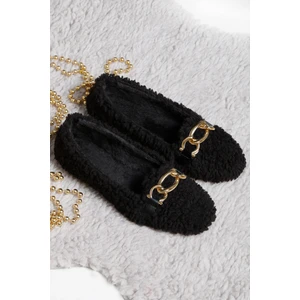 Renkli Butik Peluş Tüylü Zincirli Kadın Ev Ayakkabısı Babet