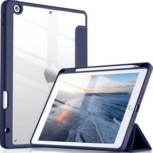 Apple iPad 7. Nesil 10.2 Kılıf Kalem Bölmeli Şeffaf Case A2197 A2198 A2200 Lacivert