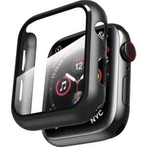 Apple Watch 44 mm 360 Tam Koruma Seri 2-3-4-5-6 Se Uyumlu Siyah Tamperli Cam Sert Silikon Kılıf
