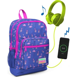Coral High Kids Lavanta Flamingo Desenli USB Şarjlı Kulaklık Çıkışlı Okul Sırt Çantası 23276
