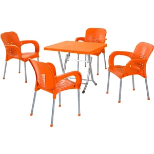 Bs Plastik Metal Ayaklı Masa Katlanır 80x80 4 Adet Sandalye Seti Bahçe Balkon Teras Takımı (Turuncu)