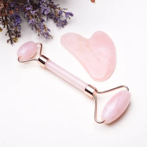 Taş Sepeti Pembe Kuvars Jade Roller ve Kalp Gua Sha Masaj Taşı Premium Set