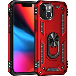 Apple iPhone 13 Kılıf Vega Tank Standlı Yüzüklü Mıknatıslı+Nano Glass Kırmızı