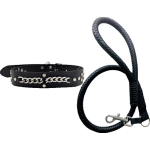 Siyah Deri Örgü Köpek Gezdirme Kayışı 90CM ve Hakiki Deri Köpek Tasması 4X67CM 2li Set