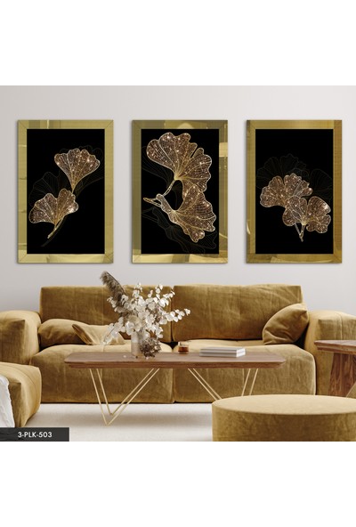 Evine Moda Soyut Çiçek Gold 3 Parça Pleksi Aynalı Tablo