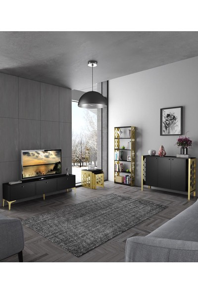 Wood'n Love Etna Premium Dolaplı Tv Ünitesi ve Altıgen Desen Metal Ayaklı Salon Yaşam Seti - Siyah / Altın
