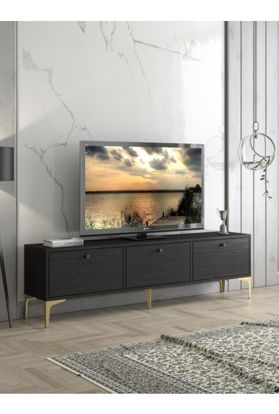 Wood'n Love Etna Premium Dolaplı Tv Ünitesi ve Altıgen Desen Metal Ayaklı Salon Yaşam Seti - Siyah / Altın