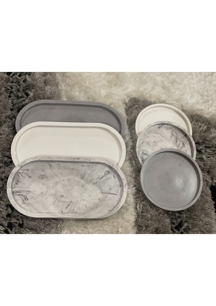 6'lı Beton Oval ve Yuvarlak Sunumluk Seti (Gri) Organizer Takı Tabağı Bardak Altlığı Mumluk Saksılık