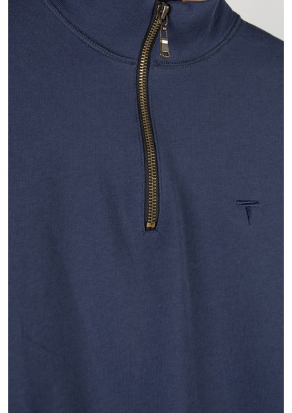 Erkek Yarım Fermuarlı Basic Düz Renk Trend Sweatshirt 21K-5200179 Indigo